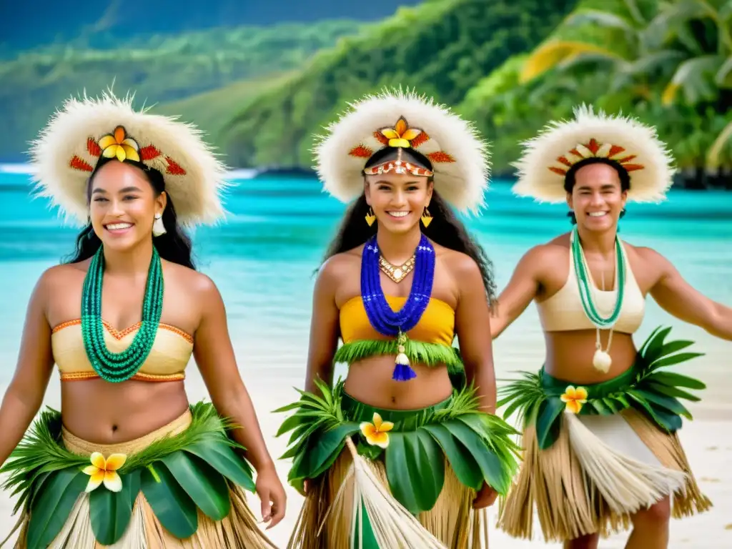 Grupo de bailarines de las Islas Cook en trajes tradicionales, realizando una danza cultural