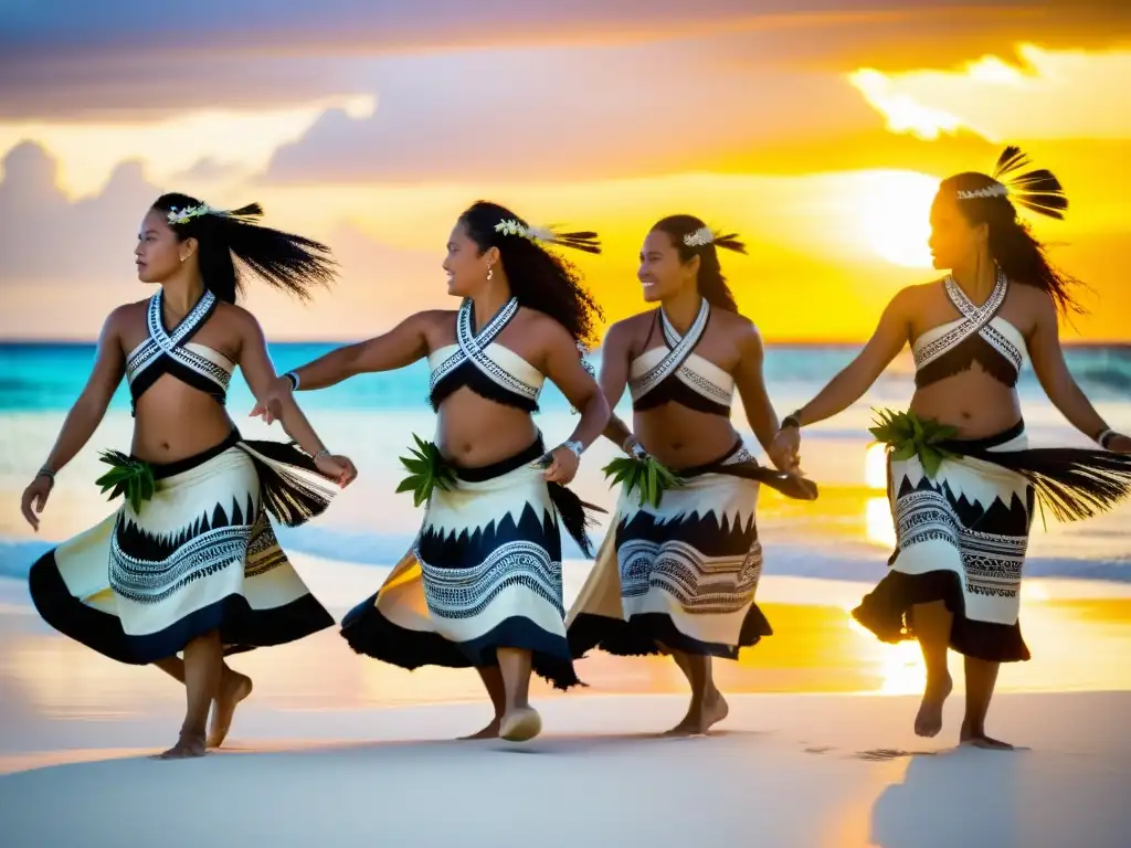 Grupo de bailarines de las Islas Cook en trajes tradicionales realizando una danza ceremonial al atardecer en la playa