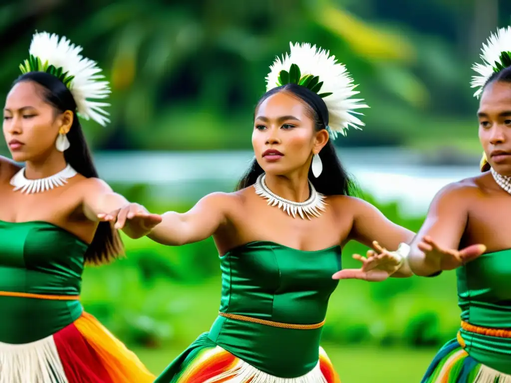 Un grupo de bailarines de las Islas Marshall danza con gracia y pasión en un entorno tropical, reflejando la fusión cultural en su arte