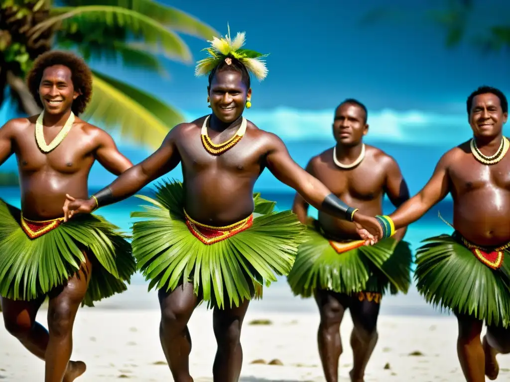 Grupo de bailarines de las Islas Salomón realizando una danza tradicional en la playa, con trajes vibrantes y pintura corporal, capturando el significado cultural de la danza en las Islas Salomón