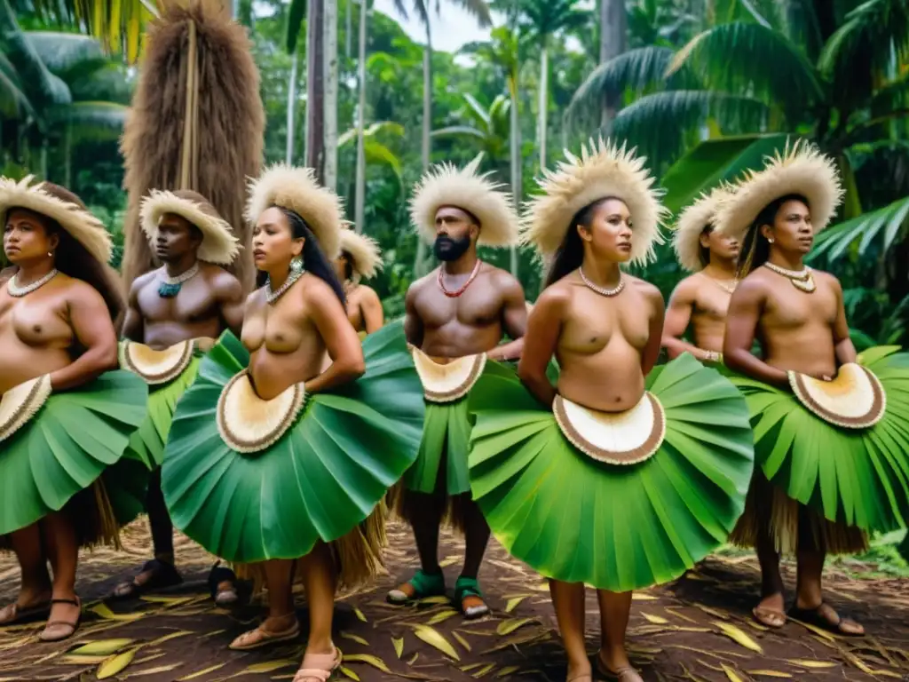 Grupo de bailarines de las Islas de Oceanía con trajes tradicionales de materiales naturales, danza en un bosque exuberante