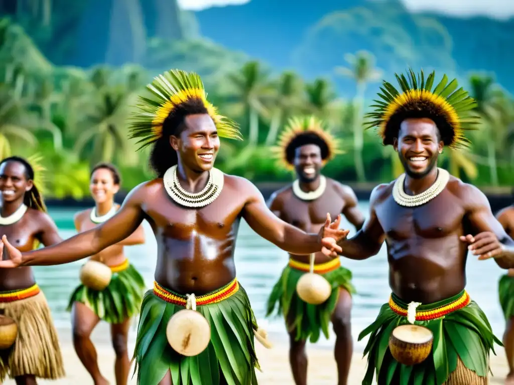 Grupo de bailarines de las Islas Salomón danzando en trajes tradicionales mientras realizan la Danza del Canoa, con paisaje de isla al fondo