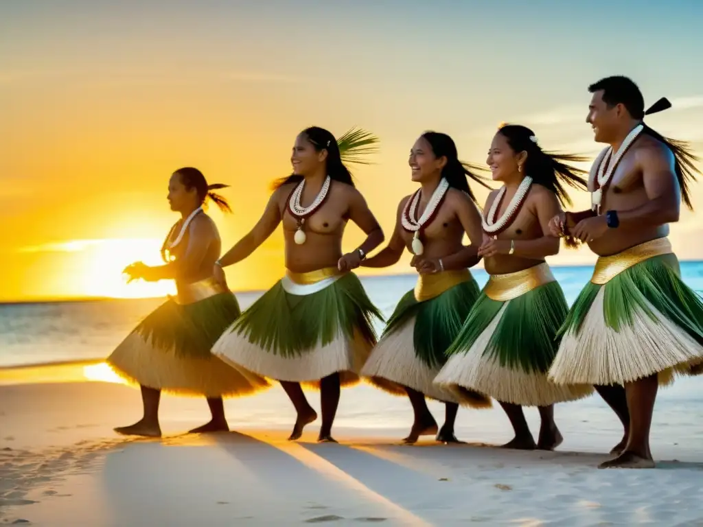 Un grupo de bailarines de Islas Marshall con trajes tradicionales danzando al atardecer en la playa