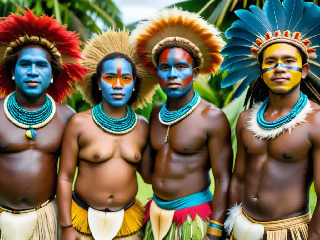 Grupo de bailarines de las Islas Salomón con vestimenta tradicional de danza, celebrando su rica herencia cultural en un exuberante paisaje tropical