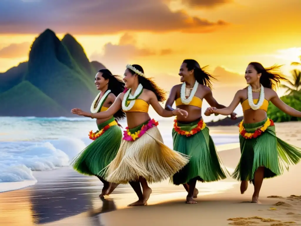 Grupo de bailarines isleños del Pacífico con trajes tradicionales, danzando al atardecer en una remota playa tropical, reflejando la influencia del cristianismo en danzas tradicionales Oceanía