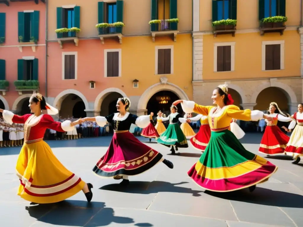 Un grupo de bailarines italianos tradicionales danza alegremente en la Festa della Taranta danza tradicional italiana, vistiendo trajes vibrantes y coloridos en una animada piazza bajo el cálido sol