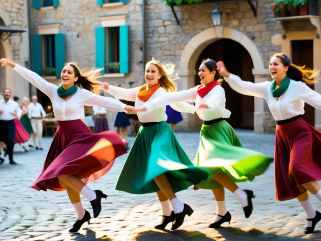 Grupo de bailarines italianos en trajes tradicionales bailando la tarantela en las calles empedradas, capturando la esencia de la tarantela italiana