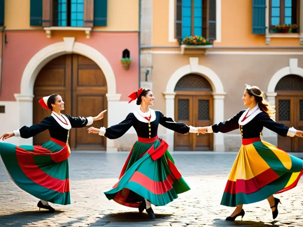 Grupo de bailarines italianos en trajes tradicionales, realizando la quadriglia en una plaza soleada