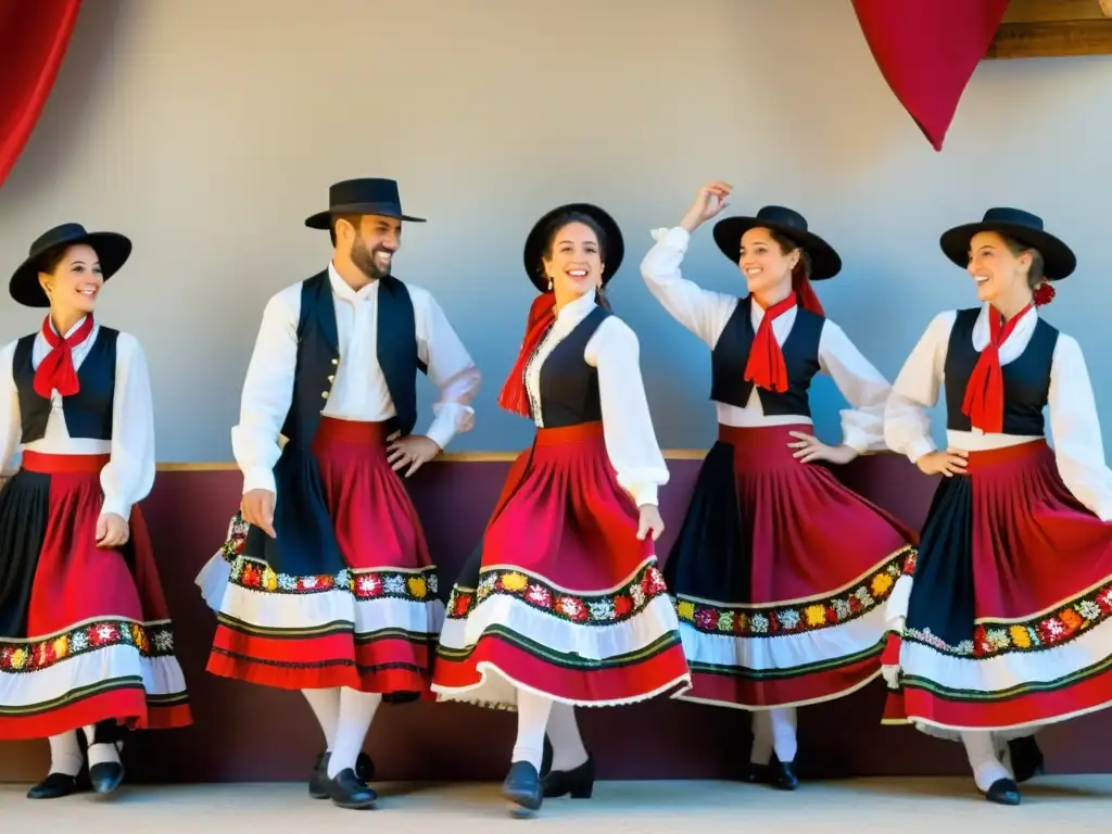 Grupo de bailarines italianos en trajes tradicionales de tarantela, danzando con energía en una plaza soleada