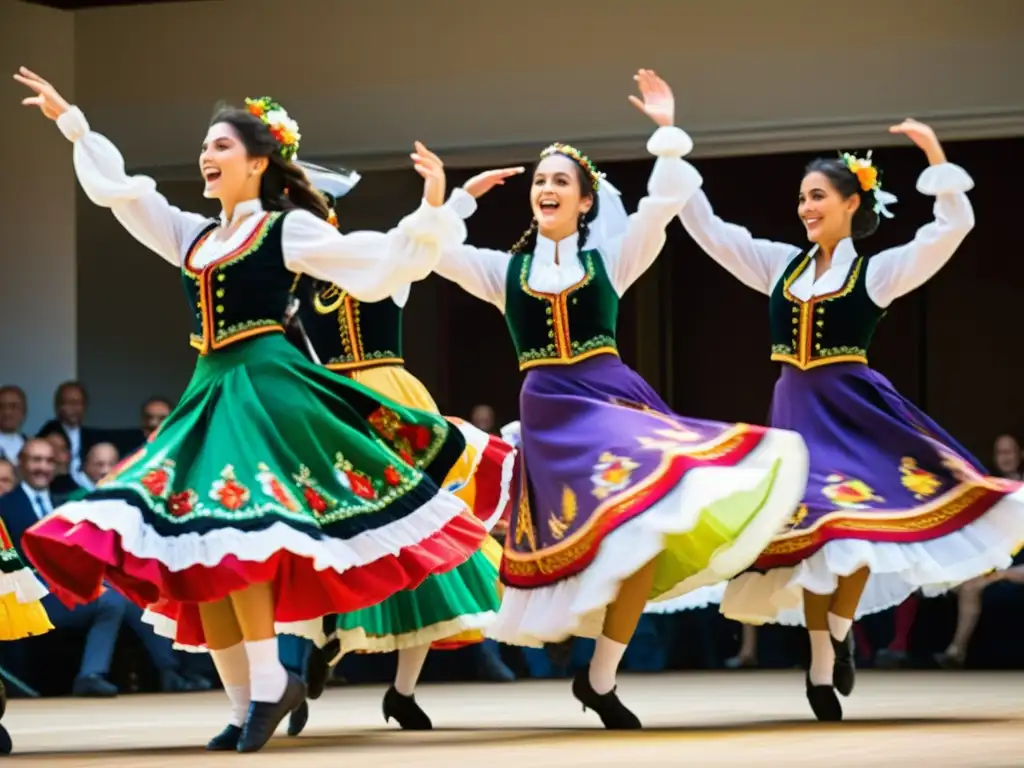 Grupo de bailarines italianos en trajes vibrantes, bailando la tarantela con alegría y significado cultural en vestimenta italiana