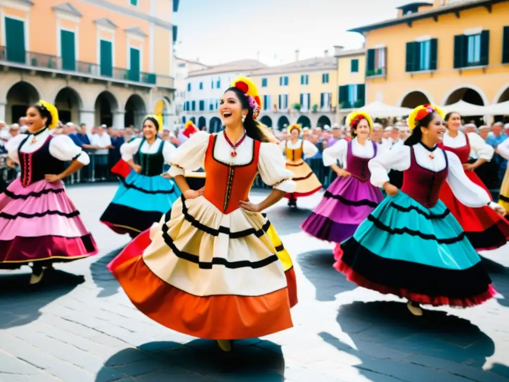 Grupo de bailarines italianos en trajes coloridos, danzando la Danza de San Vito significado folclore, rodeados de espectadores en plaza bulliciosa