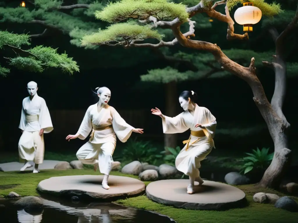 Grupo de bailarines Butoh en un jardín japonés, creando siluetas impactantes en el Festival Danza Butoh Japón Belleza