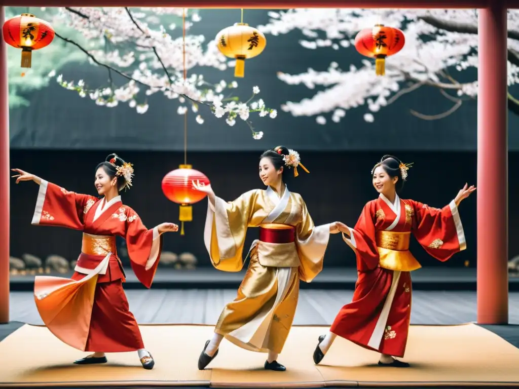 Un grupo de bailarines japoneses ejecuta una danza tradicional con trajes rojos y dorados, gestos elegantes y movimientos gráciles