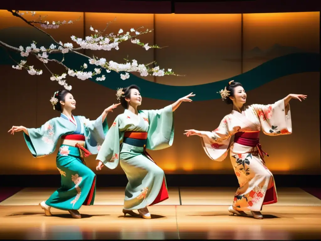 Grupo de bailarines japoneses en vibrantes kimonos, ejecutando una danza elegante en un escenario decorado con motivos de flores de cerezo