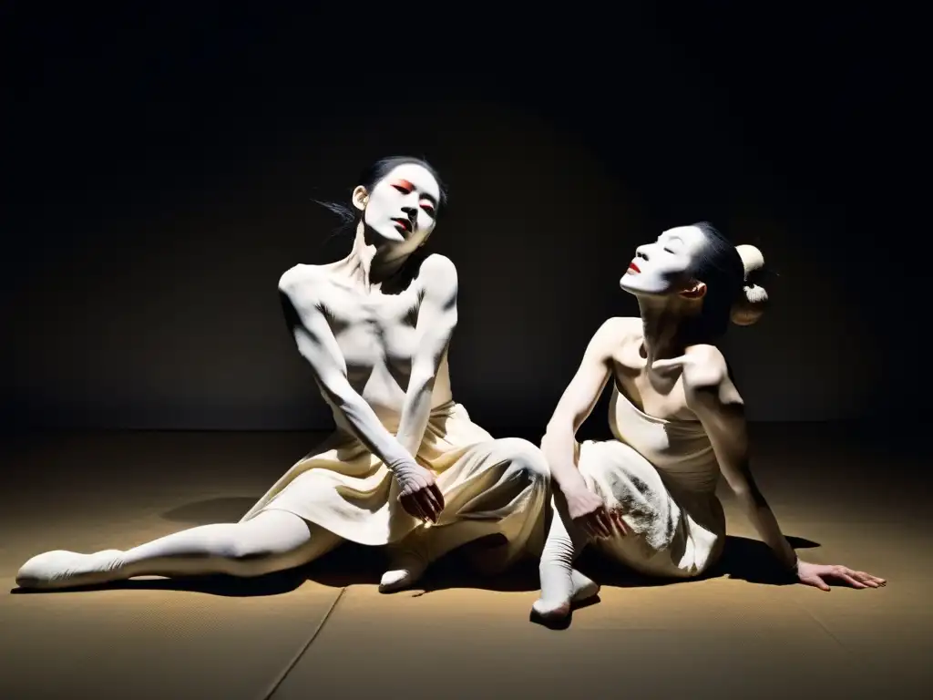 Grupo de bailarines Butoh japoneses evocando emociones y movimientos surrealistas en una atmósfera enigmática