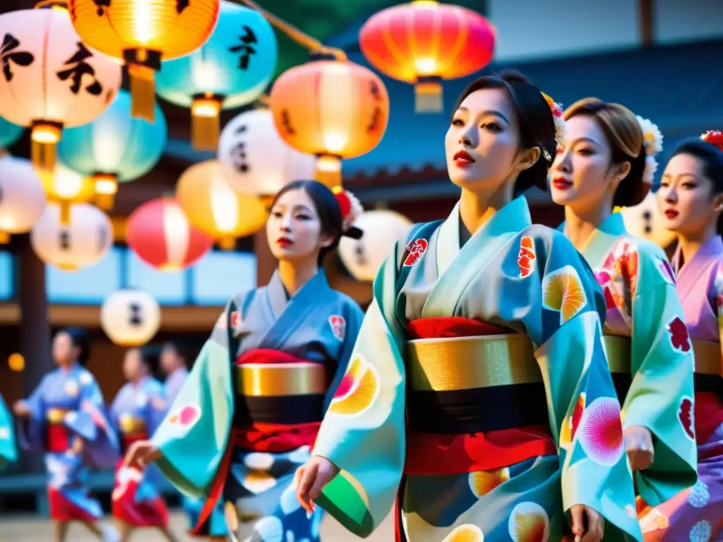 Grupo de bailarines japoneses en el festival Bon Odori, capturando su significado cultural con movimientos precisos y coloridos yukatas