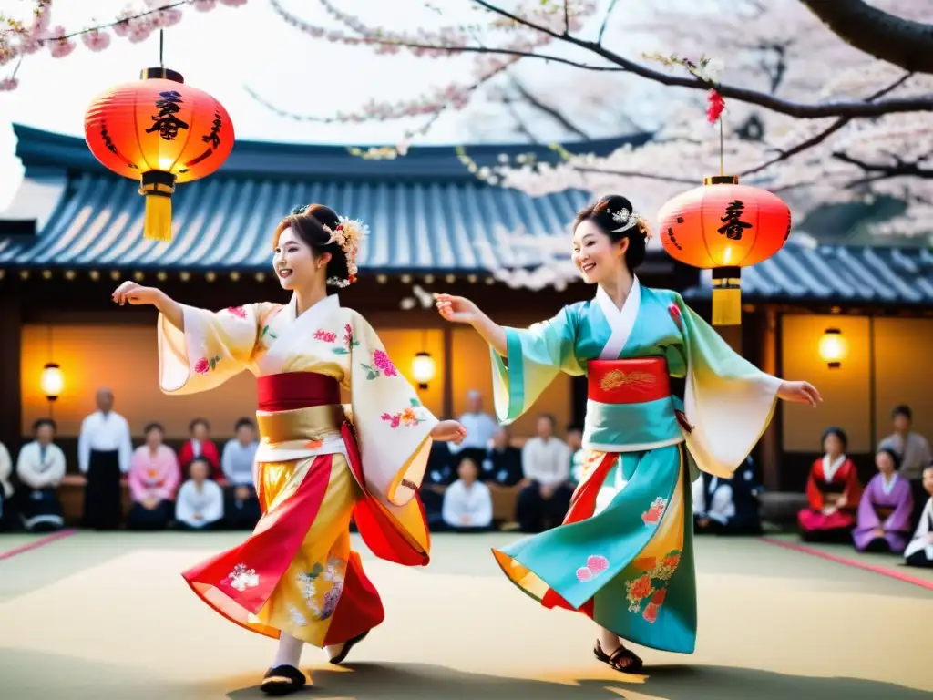 Grupo de bailarines japoneses ejecutando el hermoso y sincronizado baile Odori en un festival, transmitiendo orgullo y celebración cultural