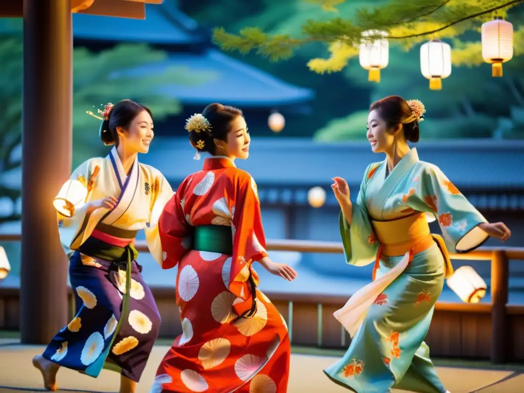 Grupo de bailarines japoneses en kimono realizando el Bon Odori significado cultural Japón en un entorno natural y tradicionalmente bello