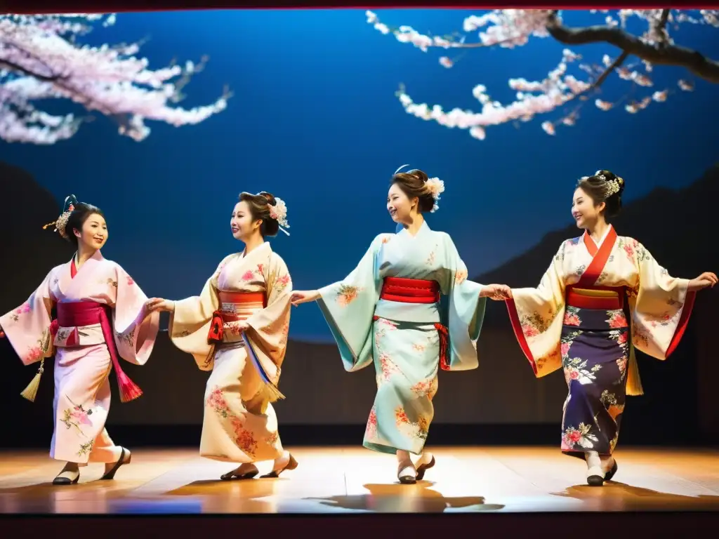 Grupo de bailarines japoneses en kimonos tradicionales danzando con gracia bajo la decoración de sakura