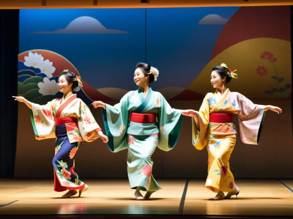 Grupo de bailarines japoneses en kimonos tradicionales, danza y modernidad