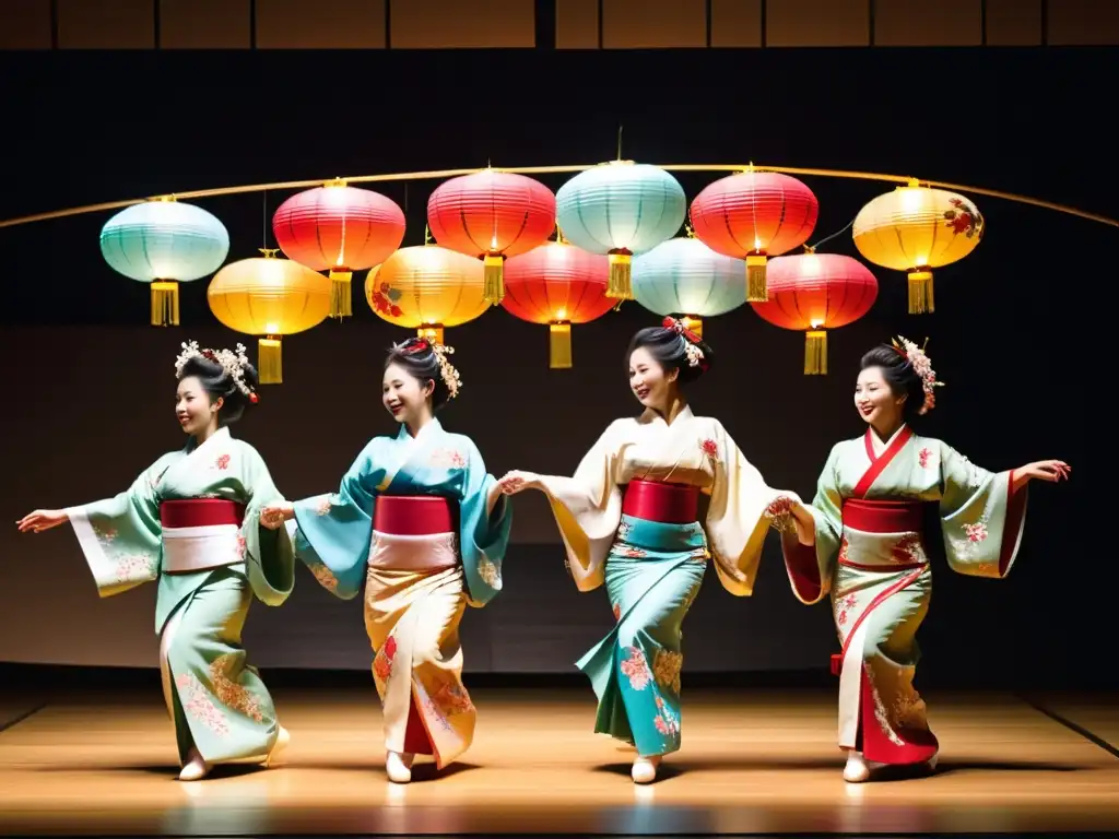 Grupo de bailarines japoneses en kimonos tradicionales realizando una danza sincronizada bajo faroles y ramas de cerezo