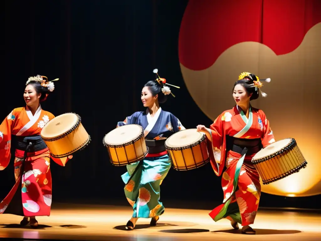 Un grupo de bailarines japoneses con kimonos vibrantes y movimientos precisos, acompañados de la potente percusión de tambores taiko