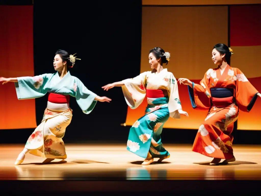 Grupo de bailarines japoneses con kimonos vibrantes realizando movimientos fluidos en escenario, capturando la elegancia del Nihon Buyo