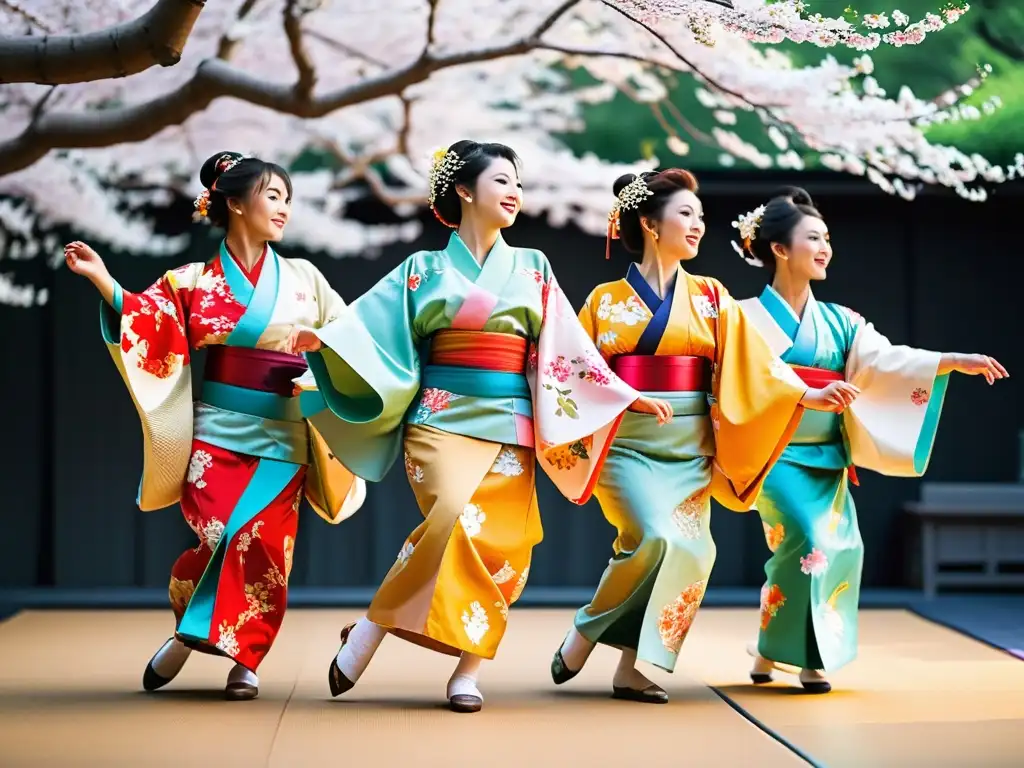 Grupo de bailarines japoneses en kimonos, realizando danza tradicional bajo cerezos en flor