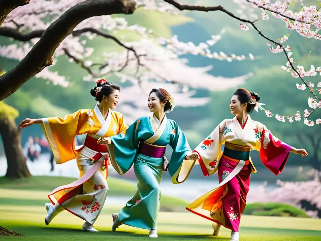 Un grupo de bailarines japoneses tradicionales con kimonos vibrantes y detallados realizando una danza dinámica y elegante bajo los cerezos en flor