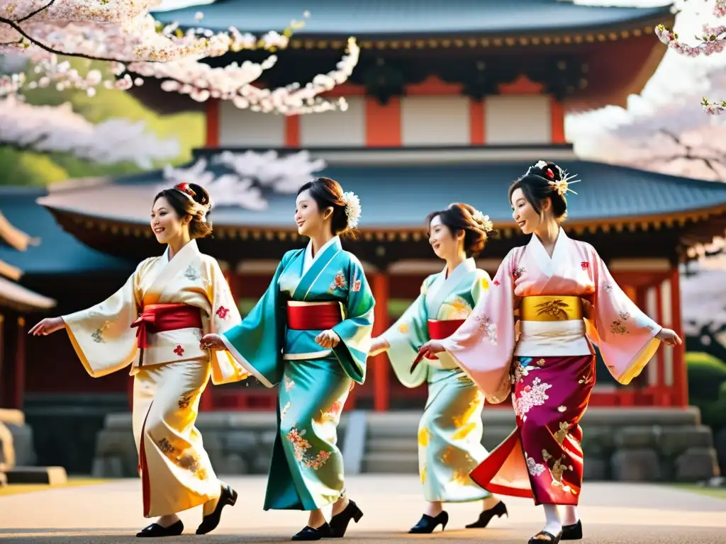 Un grupo de bailarines japoneses tradicionales realiza una danza frente a un templo histórico, con kimonos vibrantes y detallados