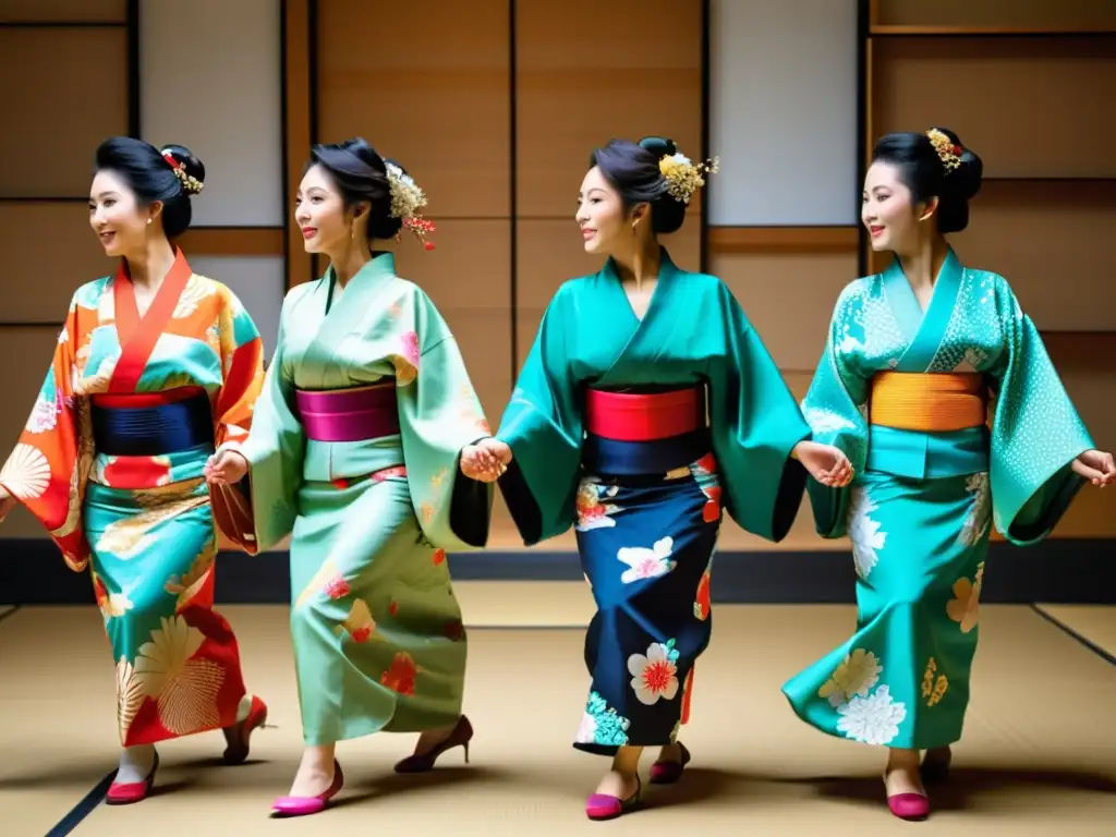 Un grupo de bailarines japoneses tradicionales vistiendo kimonos vibrantes