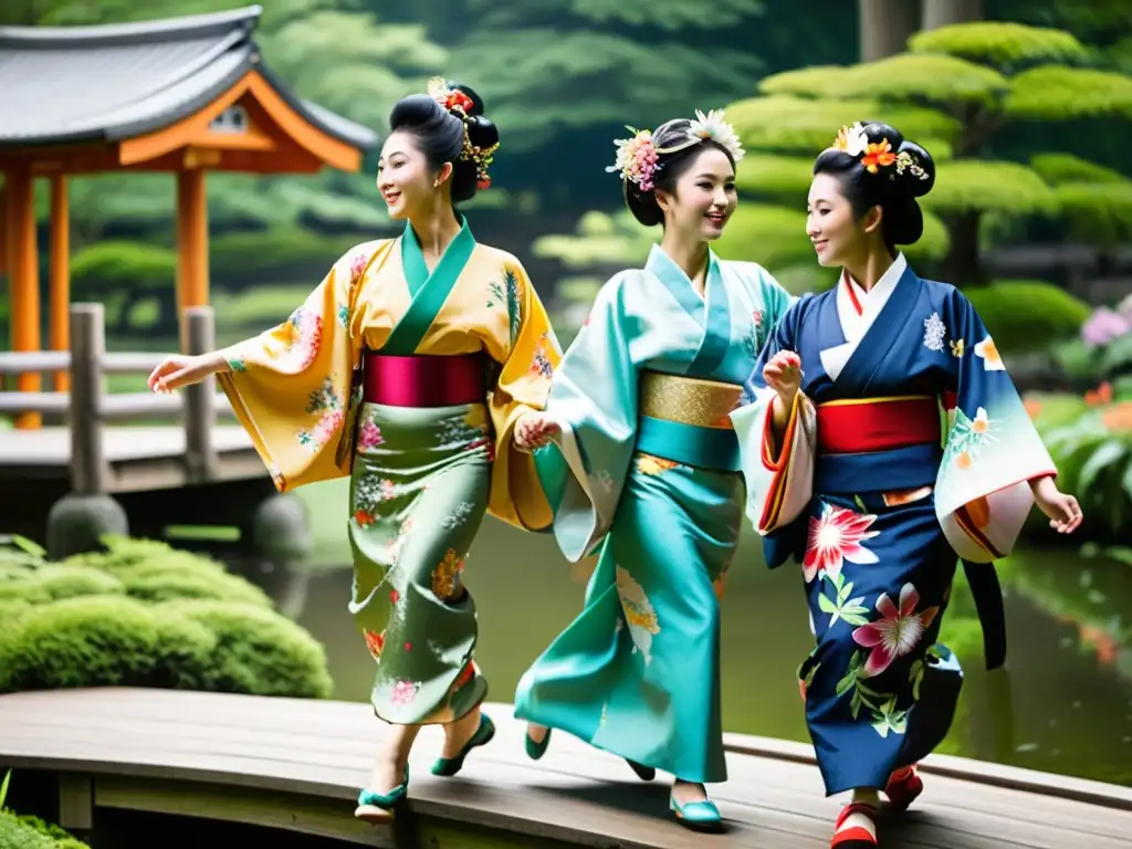 Un grupo de bailarines japoneses tradicionales en vibrantes kimonos y tocados florales, danzando graciosamente en un jardín de musgo