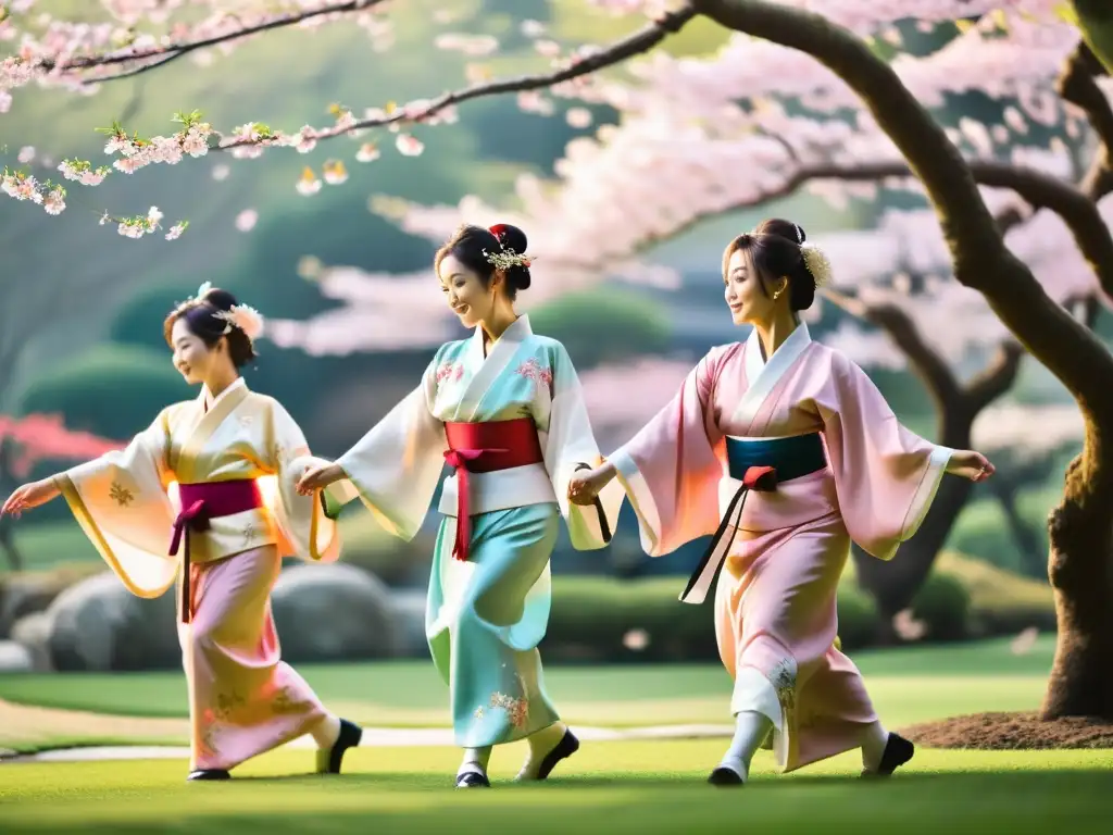 Grupo de bailarines japoneses en trajes vibrantes realizando una danza sincronizada en un jardín con flores de cerezo