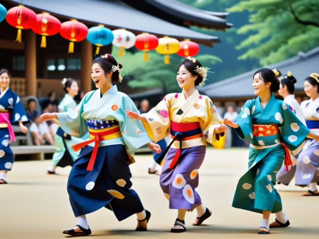 Grupo de bailarines japoneses con yukatas coloridos y movimientos gráciles, reflejando el significado cultural del Bon Odori