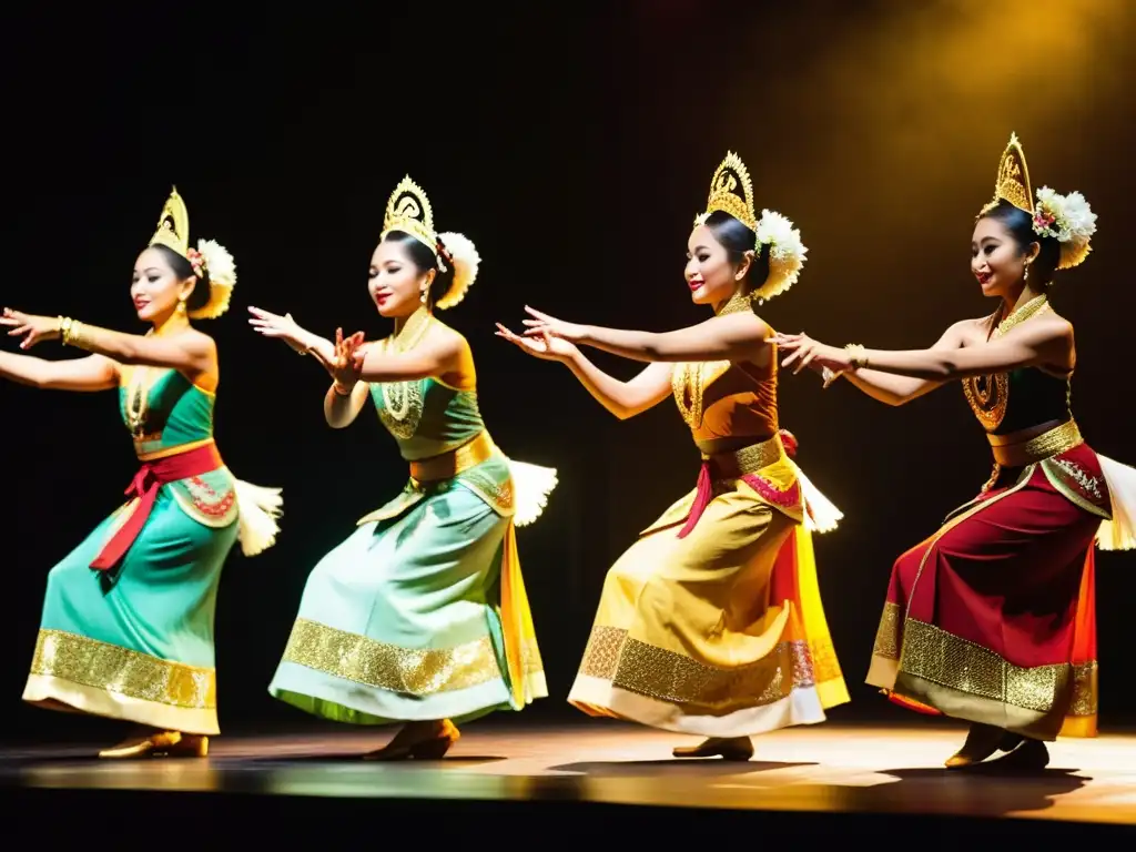 Grupo de bailarines javaneses en un cautivador espectáculo de danza clásica, con trajes ornamentados y significado cultural