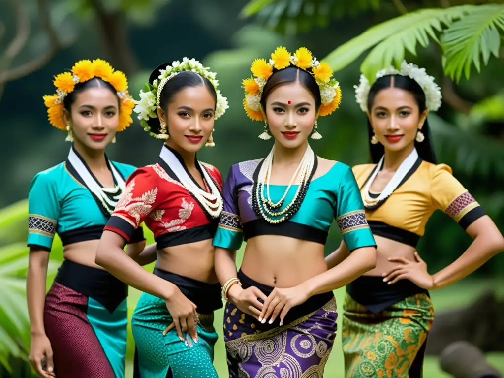 Grupo de bailarines javaneses en trajes de batik tradicionales, danza y cultura se entrelazan en una elegante pose entre la exuberante vegetación