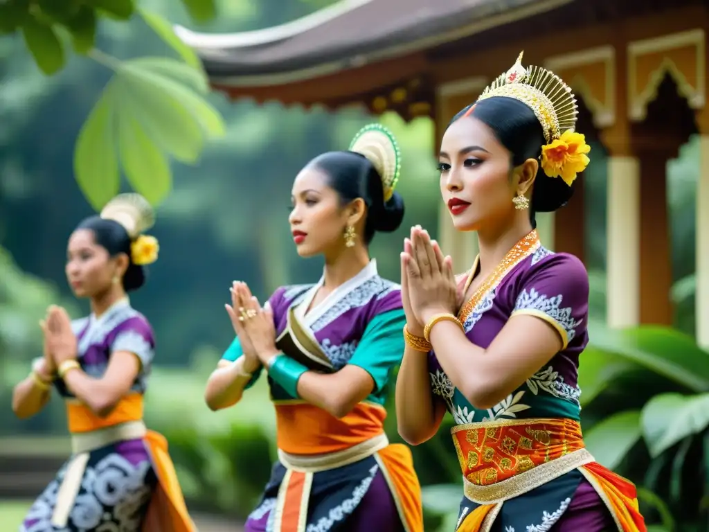 Un grupo de bailarines javaneses con vestimenta tradicional en danzas de Java, realizando una danza frente a una arquitectura exuberante