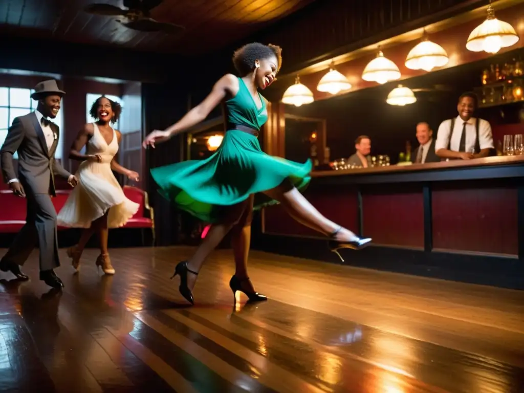 Grupo de bailarines de jazz en un club de Nueva Orleans, con movimientos dinámicos y pasión por el swing