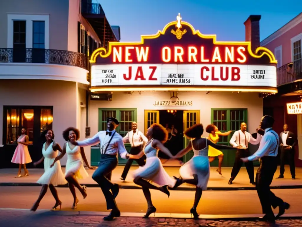 Grupo de bailarines de jazz en Nueva Orleans, enérgicos y apasionados, frente a un club de jazz histórico, con luces de neón brillando al anochecer