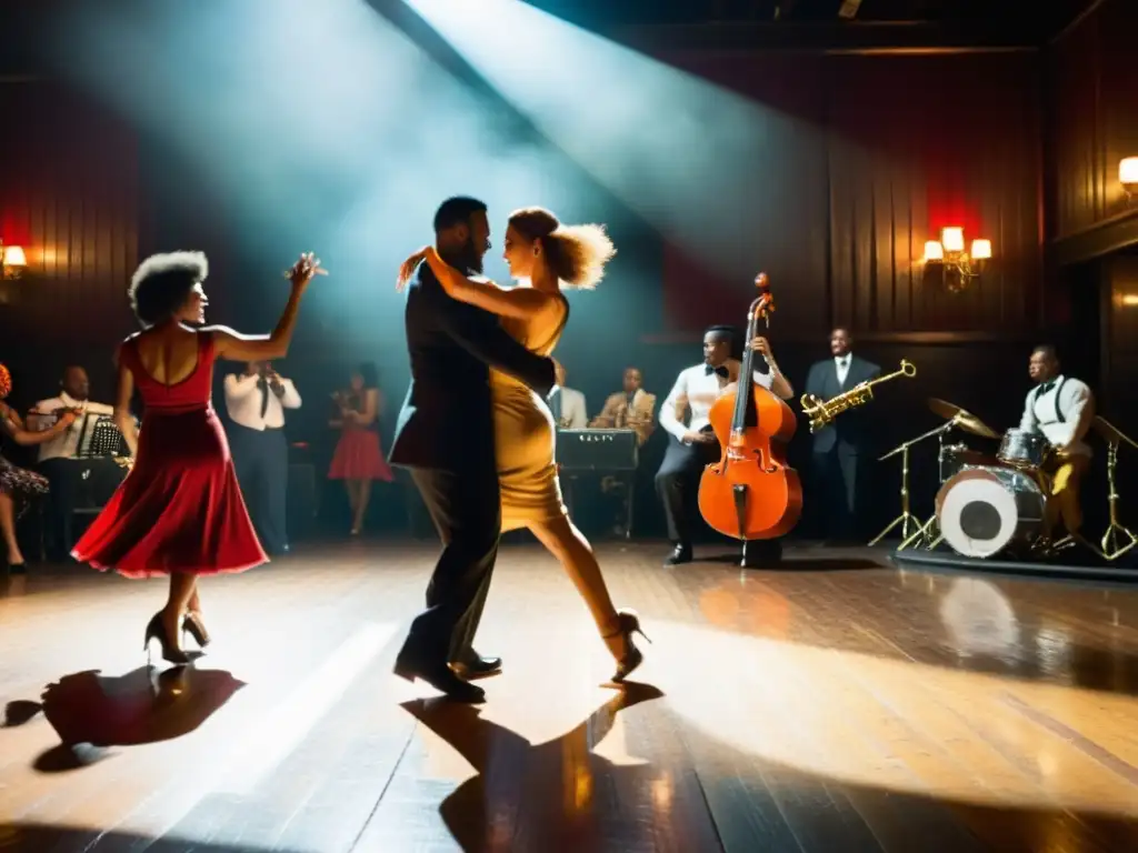 Grupo de bailarines de jazz en Nueva Orleans bailando al ritmo de la banda en un histórico salón de baile