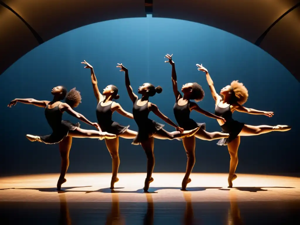 Grupo de bailarines de jazz en salto congelado, iluminados por foco, exudando pasión y energía, reflejando el impacto del jazz en danza moderna