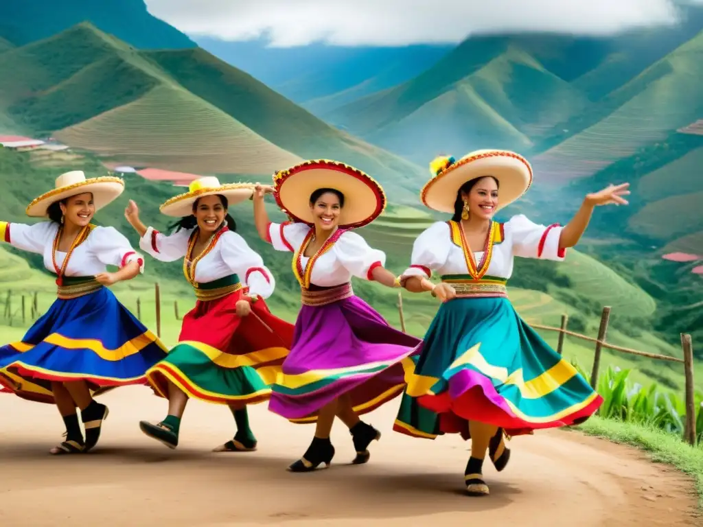 Grupo de bailarines de joropo venezolano en trajes coloridos, bailando al ritmo de la música