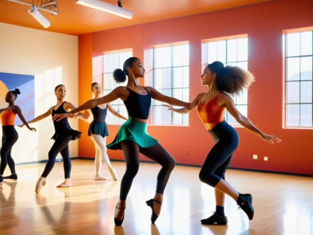 Grupo de bailarines jóvenes practicando danza contemporánea en un estudio soleado, fusionando elementos tradicionales latinos con coreografía moderna