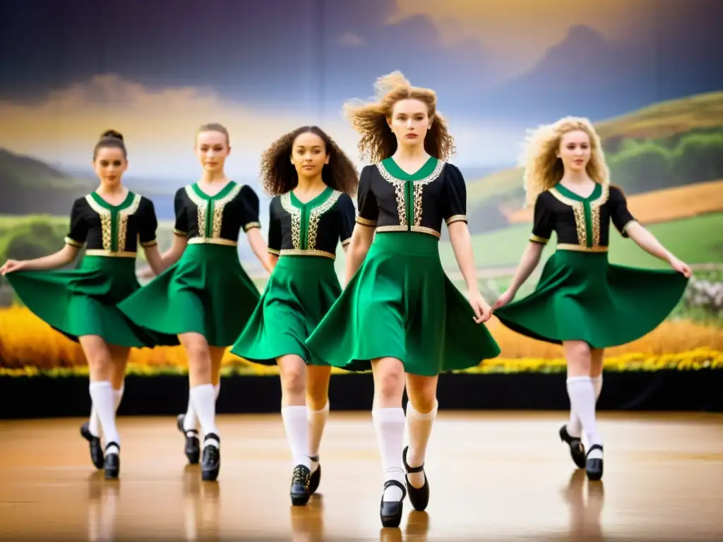 Grupo de bailarines jóvenes ejecutando con gracia la danza irlandesa, mostrando formación y técnicas de este arte tradicional