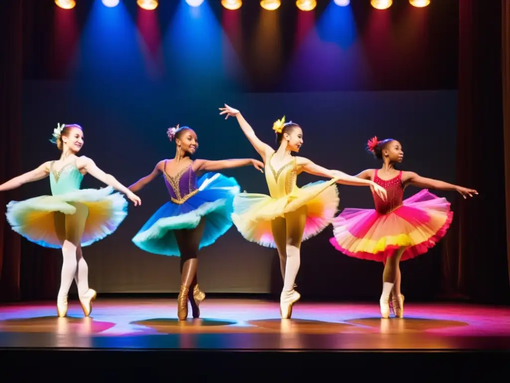 Grupo de bailarines jóvenes en vibrantes trajes, ejecutando una impactante coreografía en el escenario iluminado