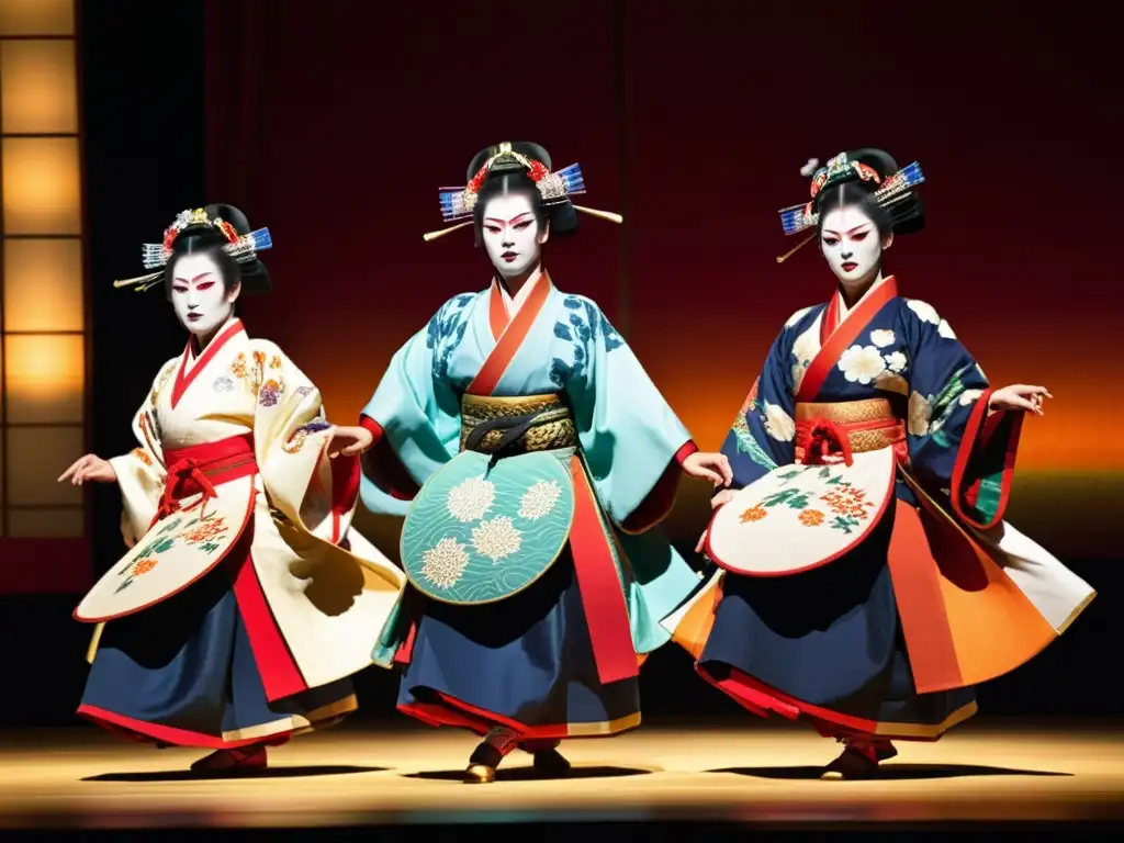 Grupo de bailarines de Kabuki en trajes vibrantes y elaborados, con movimientos dinámicos y expresiones intensas