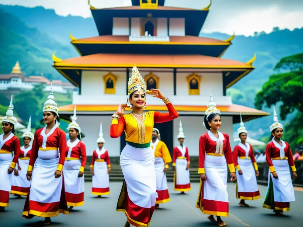 Grupo de bailarines Kandyan tradicionales frente al Templo del Diente en el Festival de Danza Kandy Sri Lanka