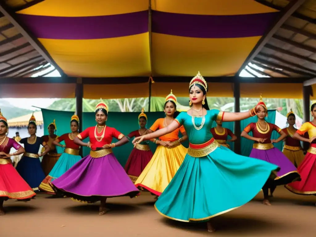 Grupo de bailarines Kandyan en vibrante Festival de Danza de Kandy significado cultural, con trajes elaborados y expresiones artísticas