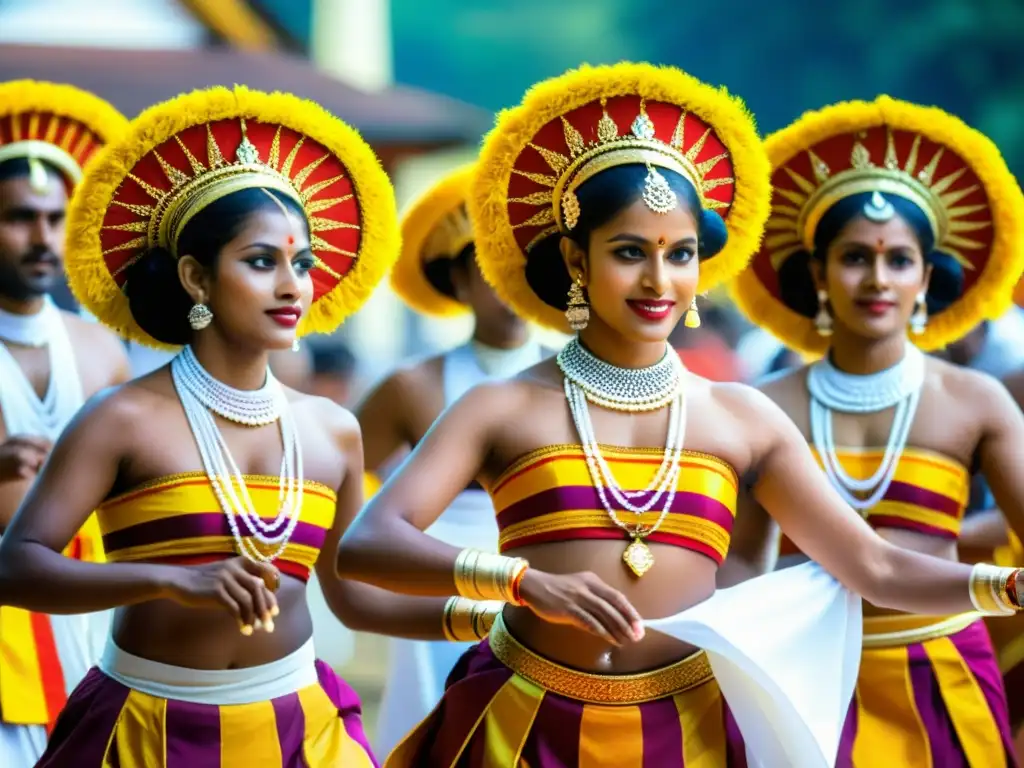 Grupo de bailarines Kandyan en vibrantes trajes tradicionales, danzando con gracia en el festival de danza Kandy en Sri Lanka