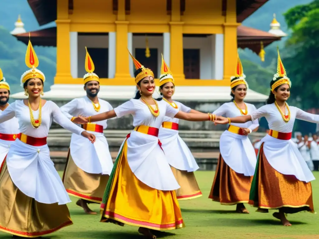 Grupo de bailarines Kandyan en vibrantes trajes, danzando en el Festival de Danza Kandy Sri Lanka, con el Templo del Diente de Buda de fondo